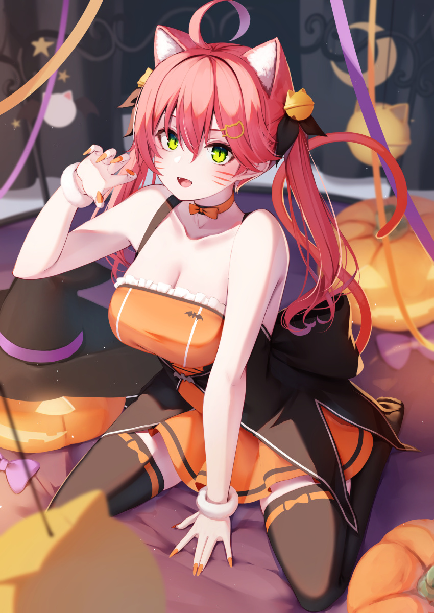 1girl :d absurdres ahoge animal_ears bangs bare_arms bell black_ribbon black_thighhighs bow_choker breasts cat_ears cat_tail choker claw_pose dress extra_ears facial_mark full_body green_eyes hair_bell hair_between_eyes hair_ornament hair_ribbon hat highres hololive jack-o'-lantern jingle_bell large_breasts long_hair looking_at_viewer no_shoes nyan_(reinyan_007) orange_choker orange_dress orange_nails red_hair ribbon sakura_miko smile solo tail tail_raised thighhighs twintails virtual_youtuber war whisker_markings witch_hat
