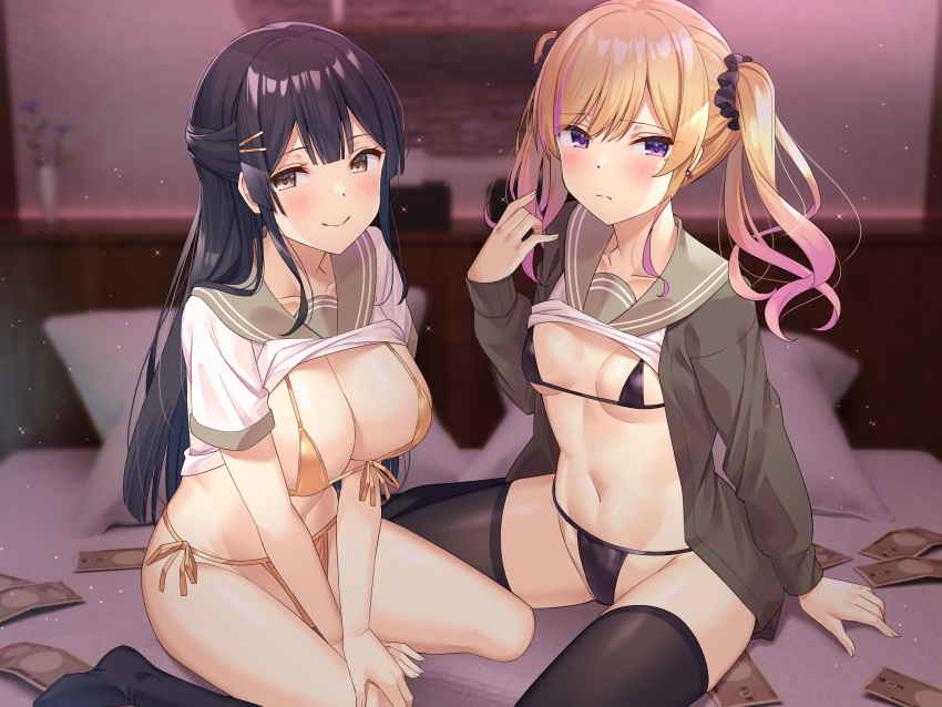 2girls bed between_legs bikini black_bikini black_hair black_jacket black_socks black_thighhighs blonde_hair blurry breasts brown_eyes cleavage closed_mouth clothes_lift collarbone depth_of_field earrings front-tie_bikini_top front-tie_top frown gradient_hair hair_ornament hair_scrunchie hairclip half_updo hand_up highres indoors jacket jewelry large_breasts long_hair long_sleeves looking_at_viewer money multicolored_hair multiple_girls navel open_clothes open_jacket original pillow purple_eyes sailor_collar sailor_shirt scrunchie shirt shirt_lift short_sleeves side-tie_bikini_bottom sidelocks small_breasts smile socks stomach streaked_hair string_bikini super_nagoyaka swimsuit thighhighs thighs twintails white_shirt yellow_bikini
