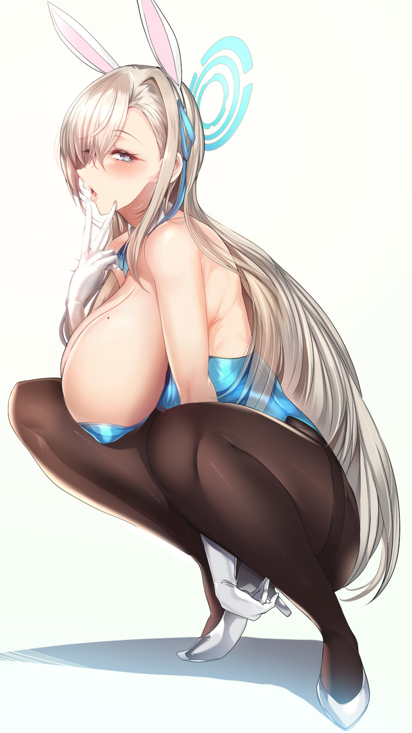 1girl animal_ears asuna_(blue_archive) asuna_(bunny)_(blue_archive) bare_shoulders blonde_hair blue_archive blue_eyes blue_leotard blue_ribbon breasts brown_pantyhose commentary_request detached_collar fake_animal_ears full_body gloves gradient gradient_background grey_background hair_ribbon halo heart heart-shaped_pupils highres huge_breasts leotard long_hair looking_at_viewer mole mole_on_breast pantyhose playboy_bunny pointy_breasts rabbit_ears ribbon shadow shoes silly_(marinkomoe) solo squatting symbol-shaped_pupils thighs white_background white_footwear white_gloves