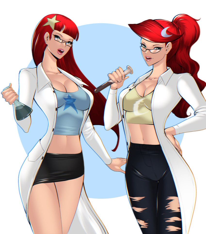 2girls alternate_breast_size asteroidart beaker blue_eyes breasts cleavage glasses highres johnny_test labcoat lips long_sleeves mary_test miniskirt multiple_girls ponytail red_hair siblings simple_background sisters skirt susan_test test_tube twins white_background