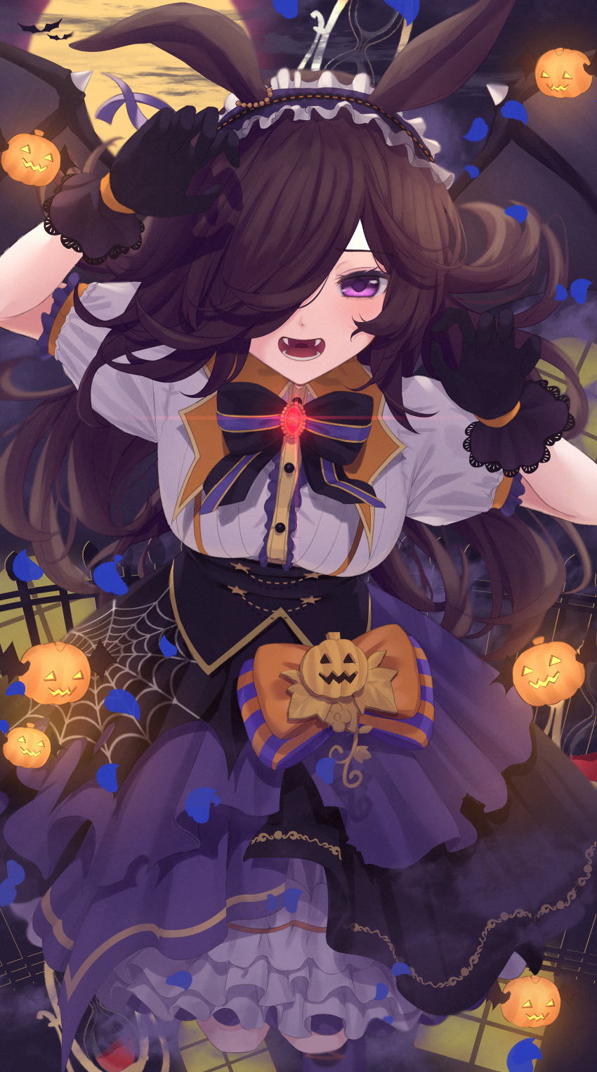 1girl absurdres animal_ears black_gloves bow brown_hair bubble_skirt claw_pose demon_wings dress fake_wings fangs fence frilled_dress frilled_hairband frills gloves hairband halloween highres horse_ears horse_girl inui_(inuiw_) jack-o'-lantern lace-trimmed_gloves lace_trim long_hair looking_at_viewer moon multicolored_clothes multicolored_dress night open_mouth outdoors puffy_short_sleeves puffy_sleeves purple_bow purple_dress purple_eyes rice_shower_(umamusume) short_sleeves skirt solo spider_web_print umamusume wings