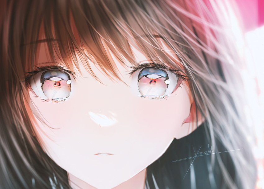 1girl bangs blurry blurry_background brown_hair close-up commentary_request highres light looking_at_viewer medium_hair ojay_tkym original parted_lips signature solo tearing_up