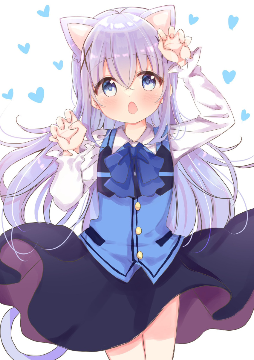 1girl animal_ears arm_up bangs black_skirt blue_bow blue_bowtie blue_eyes blue_hair blue_vest blush bow bowtie buttons cat_ears cat_girl cat_tail chestnut_mouth claw_pose collared_shirt crossed_bangs gochuumon_wa_usagi_desu_ka? hair_ornament hand_up heart highres kafuu_chino long_hair long_sleeves looking_at_viewer nanami_ayane_(kusunoki5050) rabbit_house_uniform shirt skirt solo tail vest white_shirt x_hair_ornament