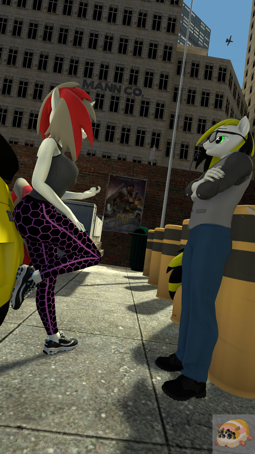 3d_(artwork) a-10 absurd_res anthro aria_calliope car city city_background clothed clothing digital_media_(artwork) dj_hazardous duo equid equine eyewear female gtr hair hasbro hi_res horn leaning_on_car leggings legwear light looking_at_another male male/female mammal mr.guinea_pig multicolored_hair multicolored_tail my_little_pony parking_lot shirt sunglasses sunlight tank_top topwear unicorn vehicle vest