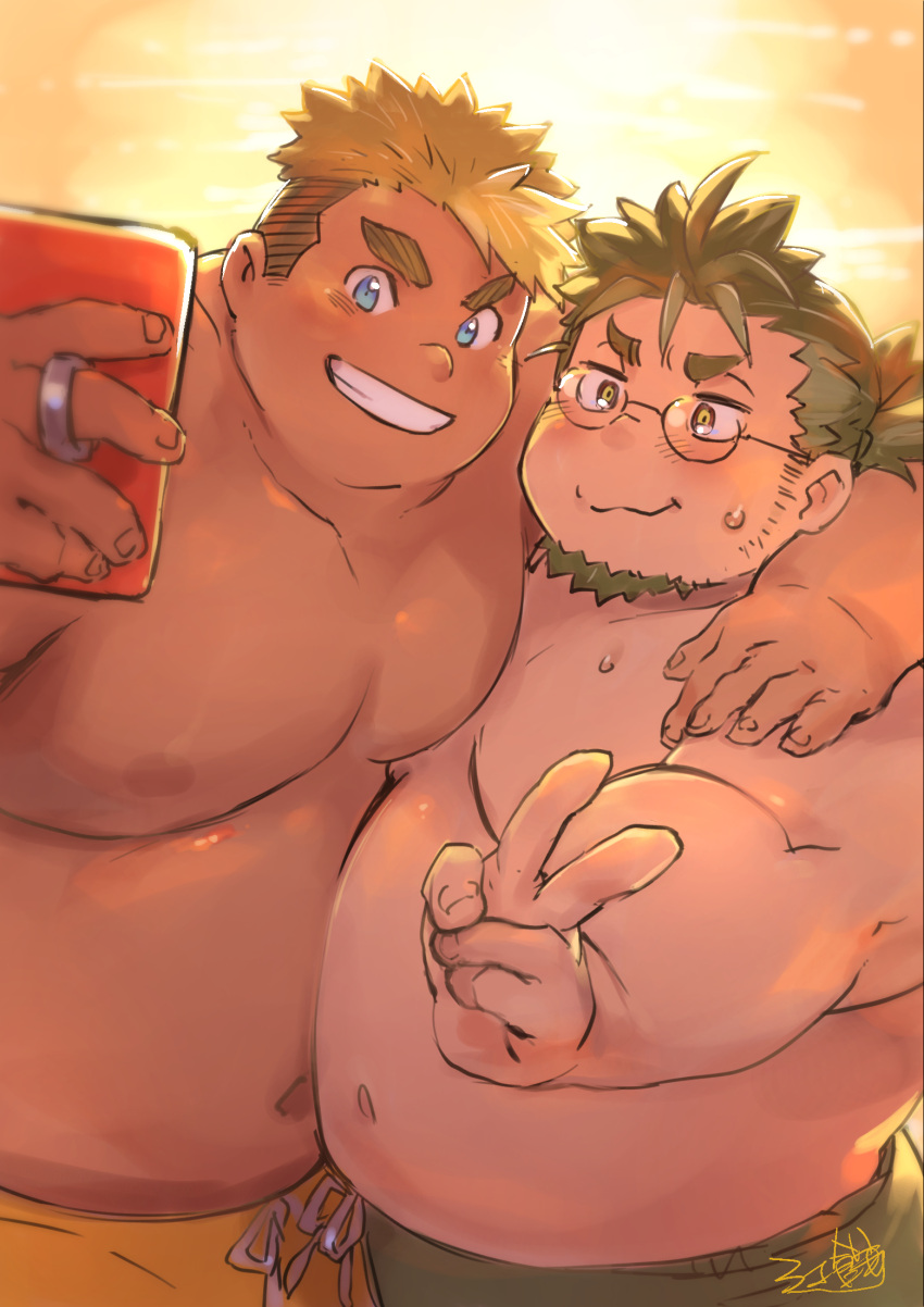 2boys arm_around_shoulder belly belly-to-belly blonde_hair blue_eyes blush commentary_request daihukudokoro dark-skinned_male dark_skin facial_hair goatee green_hair green_shorts grin highres holding holding_phone jewelry live_a_hero long_hair multiple_boys navel nipples pectoral_docking pectoral_press pectorals phone plump ponytail ring round_eyewear selfie semi-rimless_eyewear short_hair shorts sideburns signature smile stomach subaru_(live_a_hero) sunset sweatdrop thick_eyebrows topless_male upper_body v v-shaped_eyebrows yasuhiko_(live_a_hero) yellow_eyes yellow_shorts