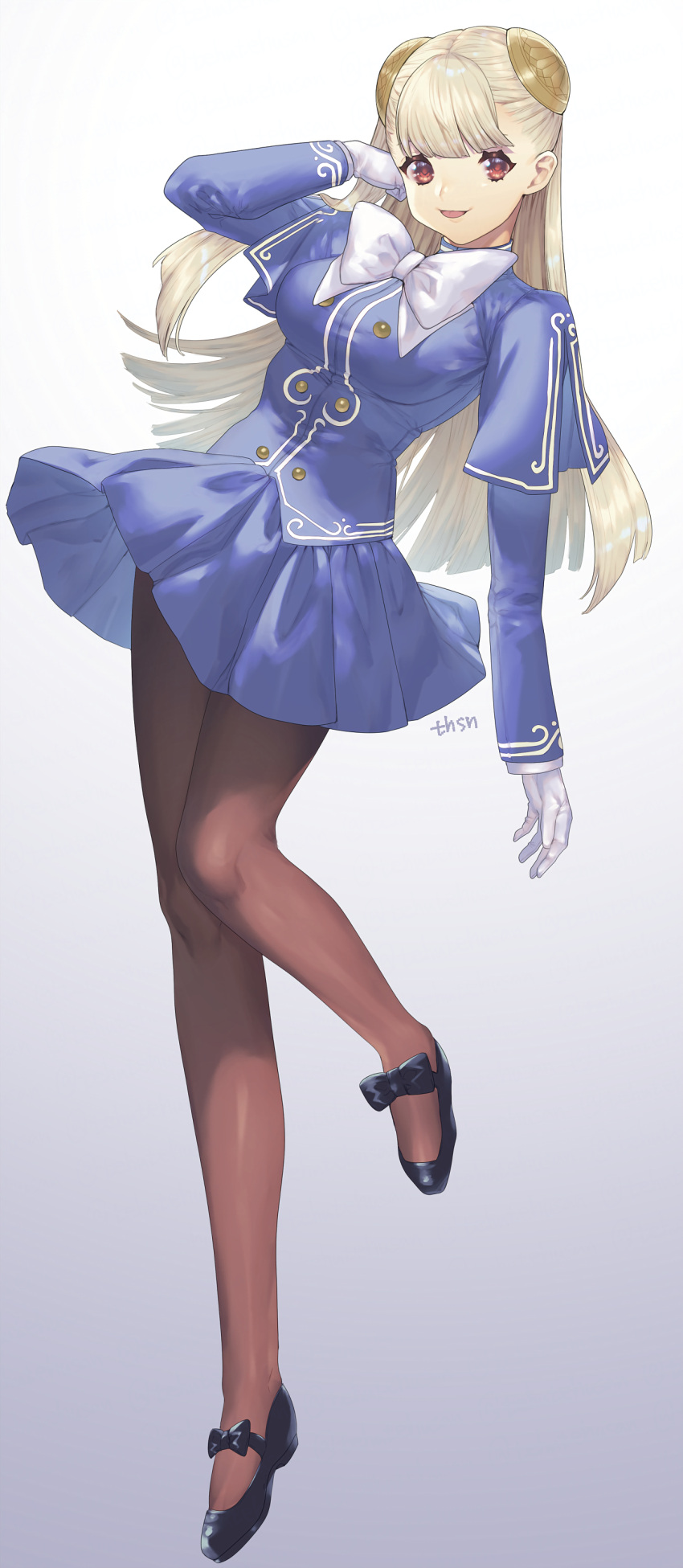 1girl absurdres arm_up artist_name black_pantyhose blonde_hair blue_dress bow breasts capcom_fighting_jam dress full_body gloves hairpods hand_on_own_face highres ingrid_(capcom) long_hair looking_at_viewer murata_tefu open_mouth pantyhose pleated_skirt red_eyes ribbon_shoes shoes simple_background skirt smile solo street_fighter street_fighter_zero_(series) white_bow white_gloves