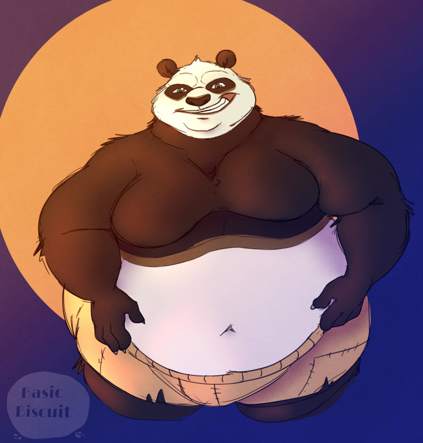 2022 absurd_res anthro basicbiscuit belly big_belly black_body black_fur bottomwear claws clothed clothing dreamworks fur giant_panda green_eyes grin hand_on_stomach hi_res kung_fu_panda looking_at_viewer male mammal master_po_ping moobs navel obese overweight portrait shorts smile solo three-quarter_portrait topless ursid watermark white_body white_fur