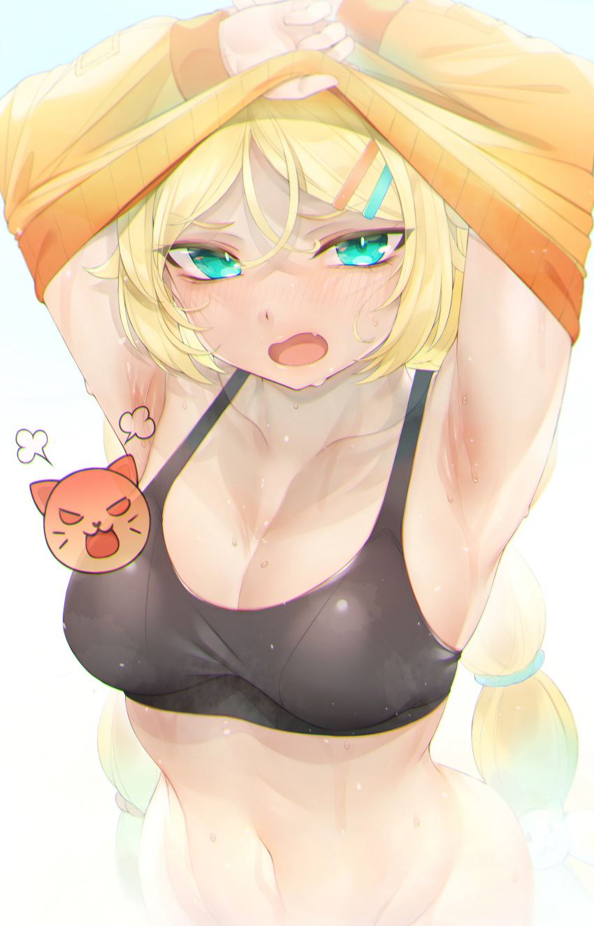 1girl absurdres aqua_eyes armpits arms_up bababababan black_survival blonde_hair blush breasts cleavage fang hair_ornament hairclip highres long_hair long_sleeves looking_at_viewer low_twintails medium_breasts navel nicky_blake open_mouth orange_sweater simple_background solo sports_bra sweat sweater twintails undressing upper_body very_long_hair white_background