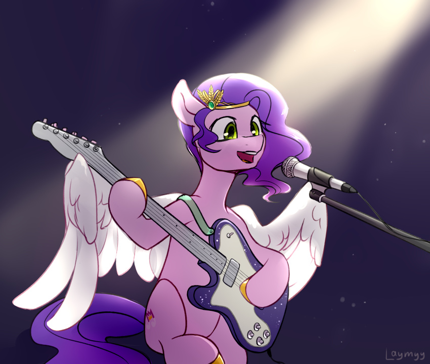 absurd_res crown cutie_mark digital_media_(artwork) equid equine eyelashes feathered_wings feathers female feral fetlocks gradient_background green_eyes guitar hair hasbro hi_res holding_object hooves laymyy mammal microphone mlp_g5 musical_instrument my_little_pony open_mouth pegasus pink_body pipp_petals_(mlp) plucked_string_instrument purple_hair purple_tail signature simple_background singing solo spread_wings string_instrument tiara wavy_hair wings