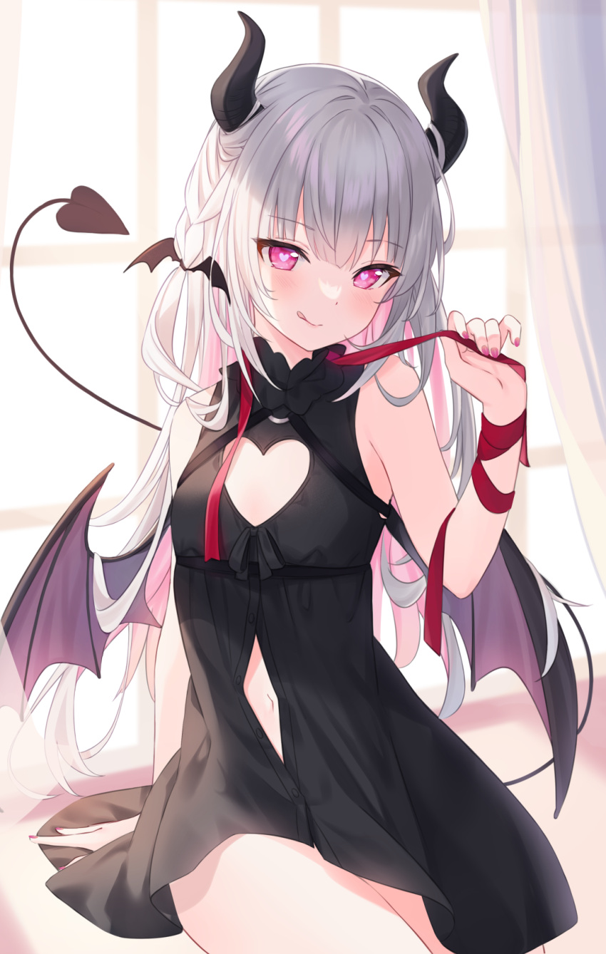 1girl :q bangs bare_shoulders black_dress braid breasts cleavage_cutout closed_mouth clothing_cutout commentary curtains day demon_girl demon_horns demon_tail demon_wings dress grey_hair hand_up heart heart-shaped_pupils heart_cutout highres hitsukuya horns indoors long_hair looking_at_viewer low_wings multicolored_hair nail_polish navel original pink_hair purple_eyes purple_nails purple_wings red_ribbon ribbon sleeveless sleeveless_dress small_breasts smile solo sunlight symbol-shaped_pupils tail tongue tongue_out two-tone_hair very_long_hair wings