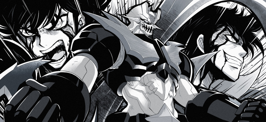 2boys arm_blade blood blood_on_face clenched_hands emphasis_lines ginga_no_kou greyscale grin highres kabuto_kouji male_focus mazinger_(series) mazinger_zero_(mecha) mecha monochrome multiple_boys open_mouth robot shin_mazinger_zero smile super_robot tsurugi_tetsuya weapon