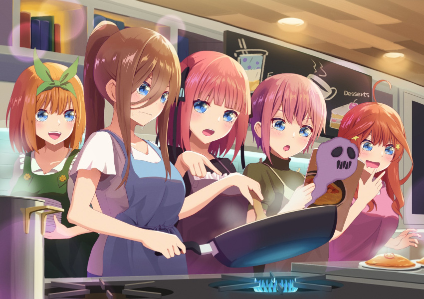 5girls :d ahoge apron bangs black_ribbon black_shirt blue_apron blue_eyes blunt_bangs blush book breasts brown_hair butterfly_hair_ornament closed_mouth commentary_request cooking food frying_pan gas go-toubun_no_hanayome green_apron green_ribbon green_shirt hair_between_eyes hair_ornament hair_ribbon highres holding holding_book holding_frying_pan indoors large_breasts long_hair medium_hair multiple_girls nakano_ichika nakano_itsuki nakano_miku nakano_nino nakano_yotsuba open_mouth orange_hair pink_apron pink_hair ponytail purple_apron quintuplets red_hair ribbon shirt short_hair siblings sidelocks sisters smile star_(symbol) star_hair_ornament stove teeth upper_body upper_teeth white_shirt yasuba_yuichi yellow_apron