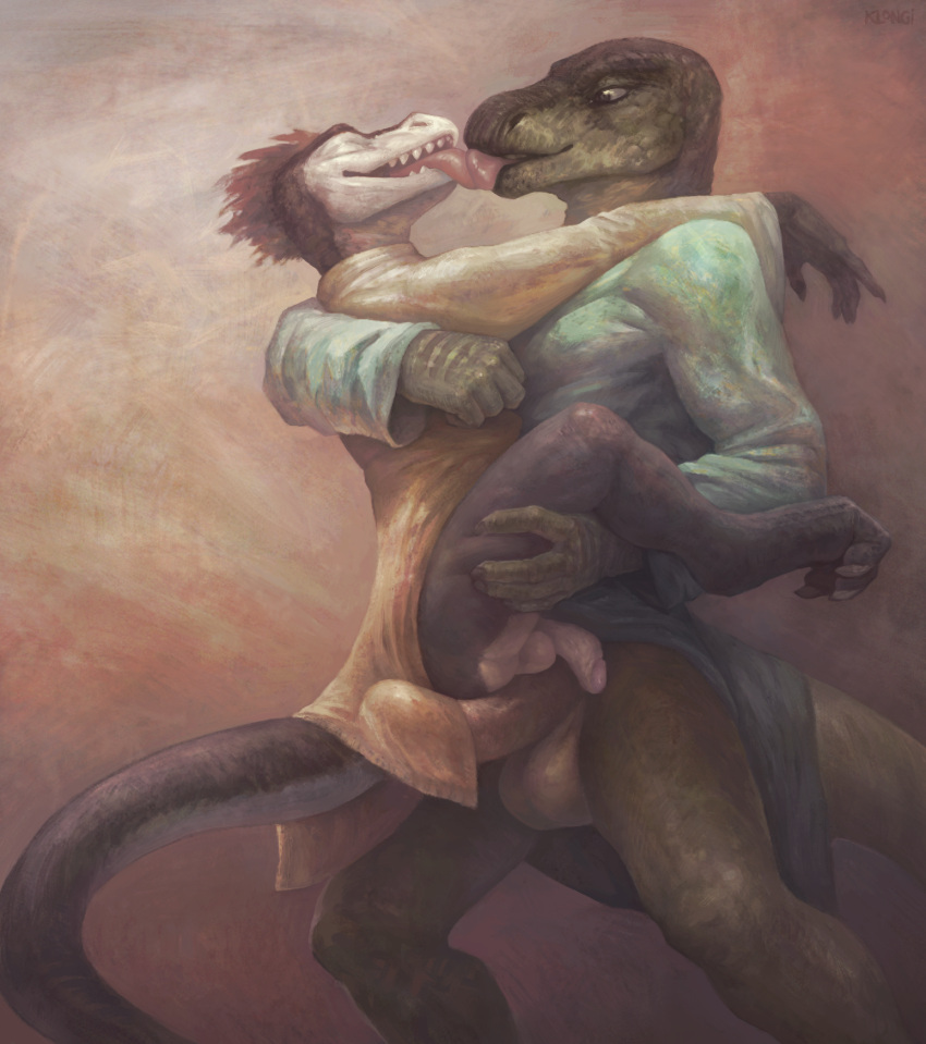 2018 3_toes 4_fingers anthro anthro_on_anthro arm_on_shoulder backsack balls balls_on_penis big_penis biped black_body black_scales bottomless brown_eyes brown_hair bulge butt carrying_partner claws clothed clothing cuddling dinosaur dromaeosaurid duo edmund_(klongi) embrace erection eye_contact eyes_closed feet fingers foreskin genitals glans green_body green_clothing green_scales green_shirt green_topwear hair hand_on_leg hand_on_side hand_on_thigh hi_res hug humanoid_genitalia humanoid_penis iguanodon iguanodontid jagged_teeth juc kissing klongi larger_male leg_grab lizard long_tongue looking_at_another looking_at_partner male male/male multicolored_body multicolored_scales open_mouth ornithischian partially_retracted_foreskin paws penis penis_size_difference penises_touching pink_penis predator/prey realistic_penis_size reptile romantic romantic_ambiance romantic_couple scales scalie shirt simple_background sitting_on_penis size_difference slim slim_anthro slim_male smaller_male smile teeth theropod thigh_grab toe_claws toes tongue tongue_on_tongue tongue_out topwear velociraptor white_balls white_body white_clothing white_scales white_shirt white_topwear