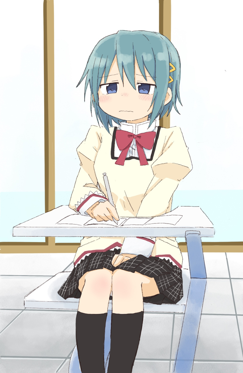 1girl bangs between_legs black_skirt black_socks blue_eyes blue_hair blush bow bowtie closed_mouth commentary_request desk embarrassed flat_chest hair_ornament hairclip half-closed_eyes hand_between_legs hand_up have_to_pee highres holding holding_pencil indoors juliet_sleeves kneehighs long_sleeves mahou_shoujo_madoka_magica mechanical_pencil miki_sayaka miniskirt nose_blush on_chair paper pencil plaid plaid_skirt pleated_skirt ponnu_(tnpn2yw) puffy_sleeves red_bow red_bowtie shiny shiny_hair shirt short_hair sidelocks sitting skirt socks solo sweat tile_floor tiles wavy_mouth yellow_shirt