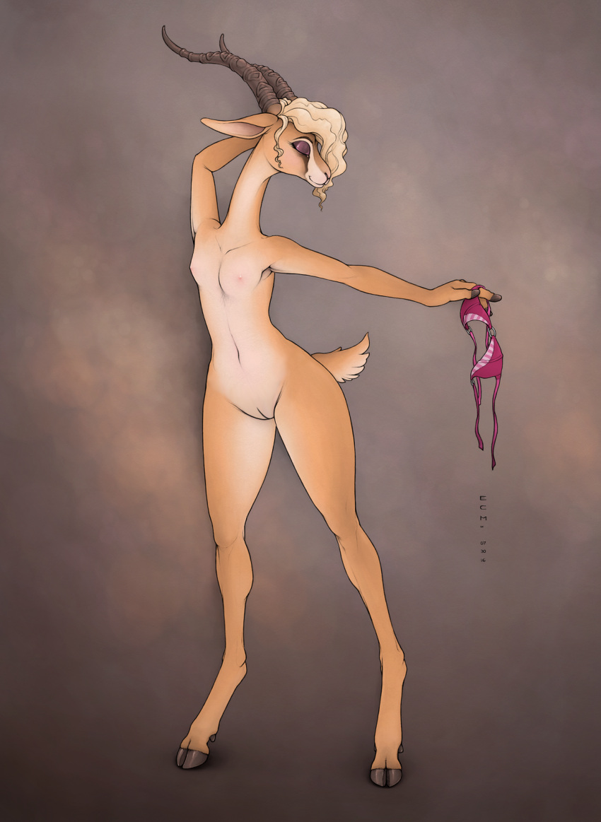 2_toes 3_fingers antelope anthro biped blonde_hair bovid bra breasts brown_background clothing disney ecmajor edit eyes_closed feet female fingers gazelle gazelle_(zootopia) genitals gradient_background grant's_gazelle hair hand_behind_head happy hi_res hooves horn long_legs mammal nanger nipples nude pose pussy simple_background small_breasts smile solo standing toes true_antelope underwear undressing zootopia