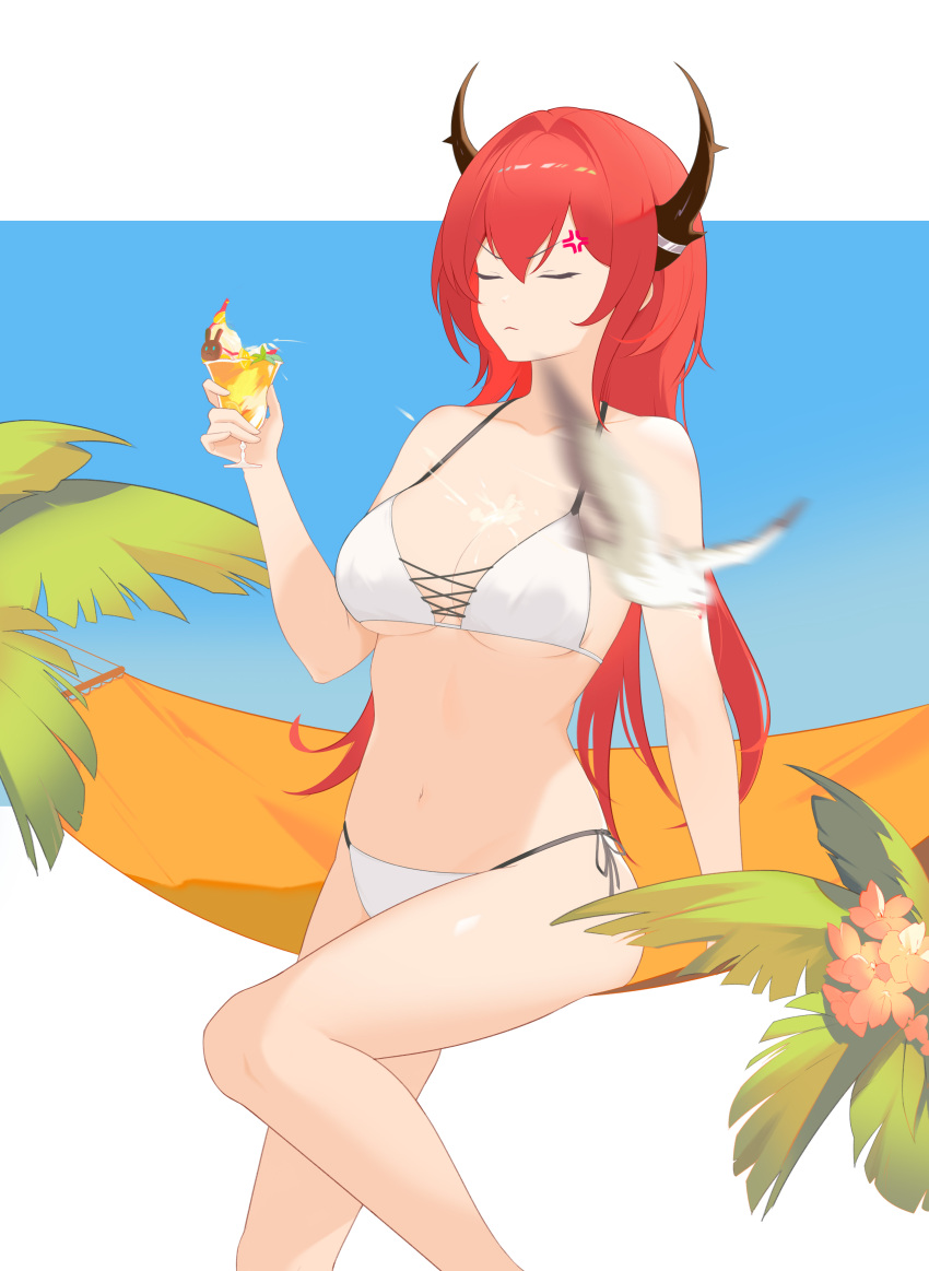 1girl absurdres anger_vein arknights bangs bare_arms bare_legs bare_shoulders bikini bird breasts closed_eyes commentary_request cup feet_out_of_frame flower food hair_between_eyes hair_intakes hammock hand_up highres holding holding_cup horns ice_cream large_breasts long_hair looking_at_viewer navel pink_flower red_hair side-tie_bikini_bottom sitting slu_w solo stomach surtr_(arknights) swimsuit thighs very_long_hair white_bikini