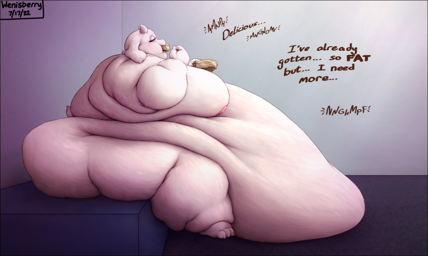2022 anthro areola back_fat belly belly_overhang big_belly big_breasts big_butt blush boss_monster bovid breasts butt caprine chubby_cheeks claws double_chin eating english_text fat_rolls female food fur goat hi_res holding_food holding_object horn huge_breasts huge_butt huge_thighs hyper hyper_belly immobile inside love_handles mammal morbidly_obese narrowed_eyes nipples nude obese overweight pink_areola pink_nipples side_view simple_background sitting solo tail_tuft text thick_arms thick_thighs toriel tuft undertale undertale_(series) video_games weight_gain wenisberry white_body white_fur