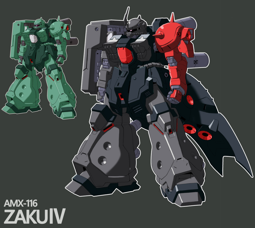 asaba_naoto character_name clenched_hands grey_background gundam horns mecha mobile_suit moon_gundam no_humans one-eyed pink_eyes robot science_fiction single_horn variations zaku_iv