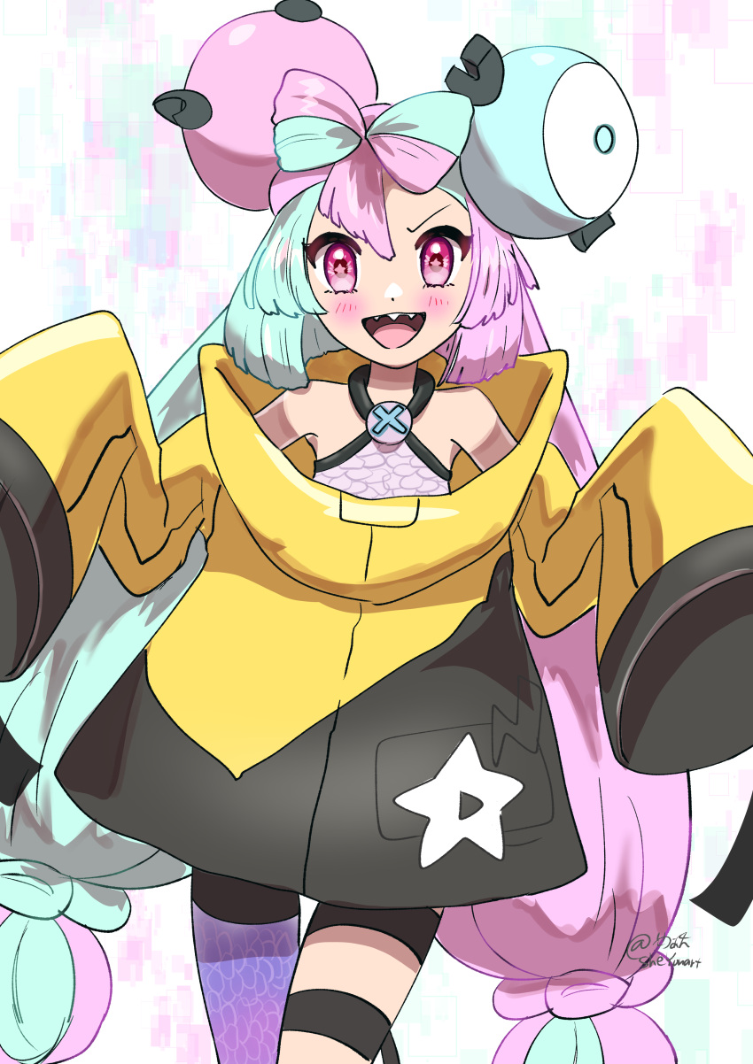 1girl absurdres aqua_hair blush bow-shaped_hair breasts character_hair_ornament commentary_request green_hair green_pantyhose hair_ornament hands_up highres iono_(pokemon) jacket long_hair looking_at_viewer open_mouth pantyhose pink_hair pokemon pokemon_(game) pokemon_sv sharp_teeth shirt single_leg_pantyhose sleeveless sleeveless_shirt sleeves_past_fingers sleeves_past_wrists solo teeth thigh_strap tonayon twintails upper_teeth yellow_jacket