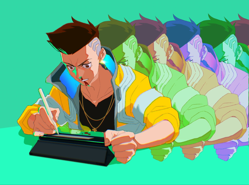1boy blood brown_hair clenched_teeth cyberpunk_(series) cyberpunk_edgerunners david_martinez drawing_tablet english_commentary green_background highres holding holding_stylus jacket nosebleed short_hair simple_background stylus teeth upper_body