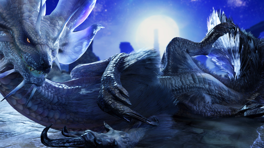 16:9 3d_(artwork) 4k absurd_res ambiguous_gender blue_body butt capcom claws detailed_background digital_media_(artwork) feet feral fin fluffy fluffy_tail fur grey_body grey_fur hair hi_res ivorylagiacrus leviathan_(mh) looking_at_viewer lying monster_hunter moon multicolored_body multicolored_fur night on_ground on_side open_mouth orange_eyes outside presenting presenting_hindquarters pupils purple_body purple_fur ruins scales scalie seductive sharp_claws sharp_teeth sky slit_pupils solo spread_legs spreading teeth toe_claws tower tuft video_games violet_mizutsune white_body widescreen