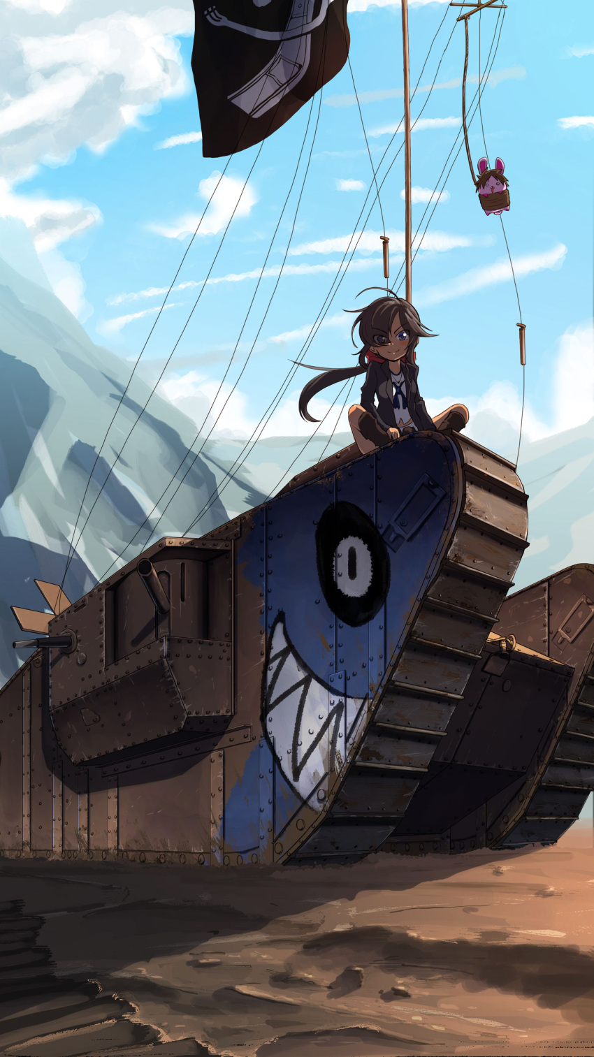 1girl absurdres artist_self-insert bangs black_coat black_eyes black_footwear black_hair black_neckerchief blouse blue_sky boots bow butterfly_sitting closed_mouth cloud cloudy_sky coat commentary dark-skinned_female dark_skin day eyes_visible_through_hair flag girls_und_panzer ground_vehicle hair_bow hair_over_one_eye highres jinguu_(4839ms) jolly_roger long_coat long_hair long_sleeves looking_at_viewer mark_iv_tank midriff military military_vehicle miniskirt motor_vehicle mountainous_horizon neckerchief no_headwear ogin_(girls_und_panzer) on_vehicle ooarai_naval_school_uniform open_clothes open_coat outdoors ponytail rabbit red_bow sailor school_uniform shark_print shirt sitting skirt sky smile solo tank white_shirt white_skirt wind