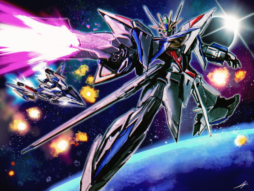 earth_(planet) eclipse eclipse_gundam explosion firing gun gundam gundam_seed gundam_seed_eclipse holding holding_gun holding_weapon looking_at_viewer mecha mobile_suit multiple_views name_connection no_humans object_namesake open_hand planet rae_ariadne robot science_fiction v-fin weapon