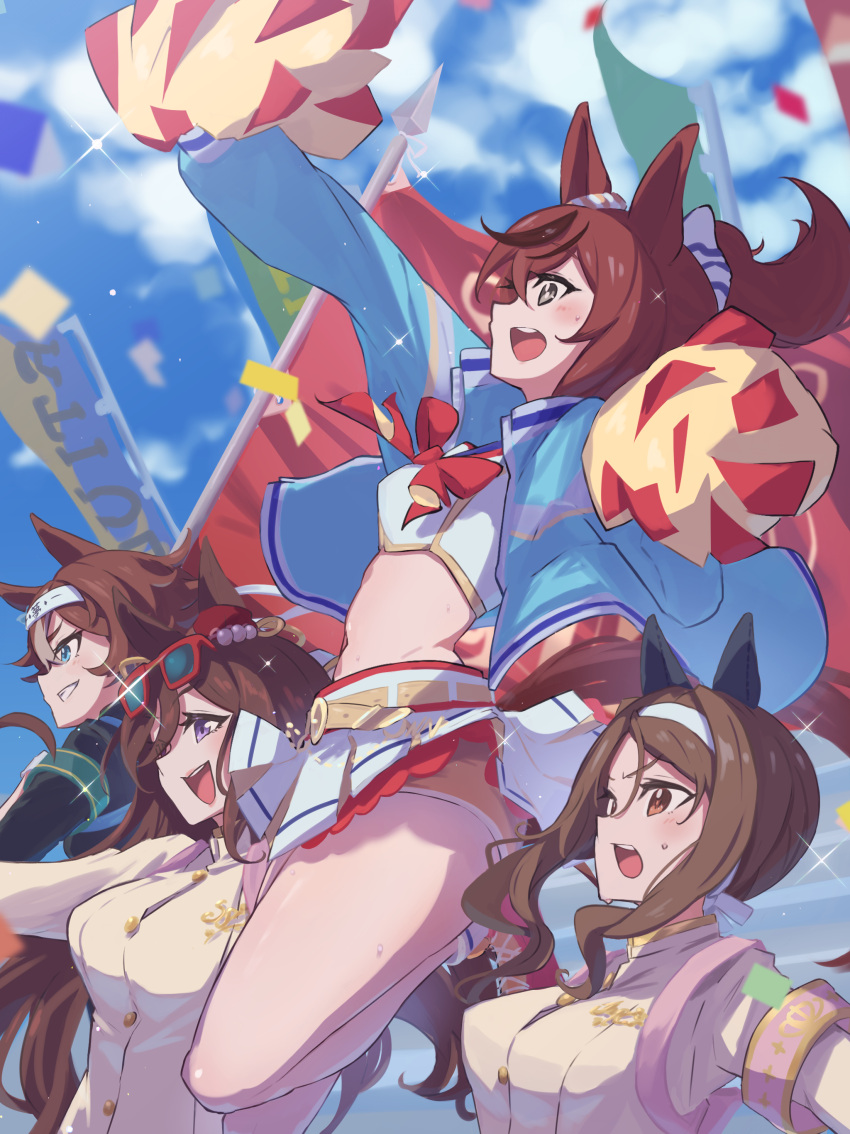 4girls absurdres animal_ears armband bamboo_memory_(deliver_this_feeling!)_(umamusume) bamboo_memory_(umamusume) bangs banner belt black_jacket blue_jacket blurry blurry_background bow bowtie breasts brown_eyes brown_hair cloud confetti crop_top day eyewear_on_head glint green_eyes grin headband highres holding holding_pom_poms horse_ears horse_girl horse_tail jacket jumping king_halo_(noble_white_cheer_attire)_(umamusume) king_halo_(umamusume) long_hair long_sleeves medium_breasts midriff multiple_girls navel nice_nature_(run&amp;win)_(umamusume) nice_nature_(umamusume) nobori open_clothes open_jacket open_mouth orange_shorts outdoors pom_pom_(cheerleading) ponytail purple_eyes roar_yell!_tracen_academy_cheerleading_squad_(umamusume) seeking_the_pearl_(umamusume) seeking_the_pearl_(yell_that_changed_the_world)_(umamusume) shirt shoes short_hair shorts sideways_mouth skirt small_breasts smile sneakers socks sparkle sunglasses sweat tail umamusume v-shaped_eyebrows white_shirt white_skirt yakousei_a