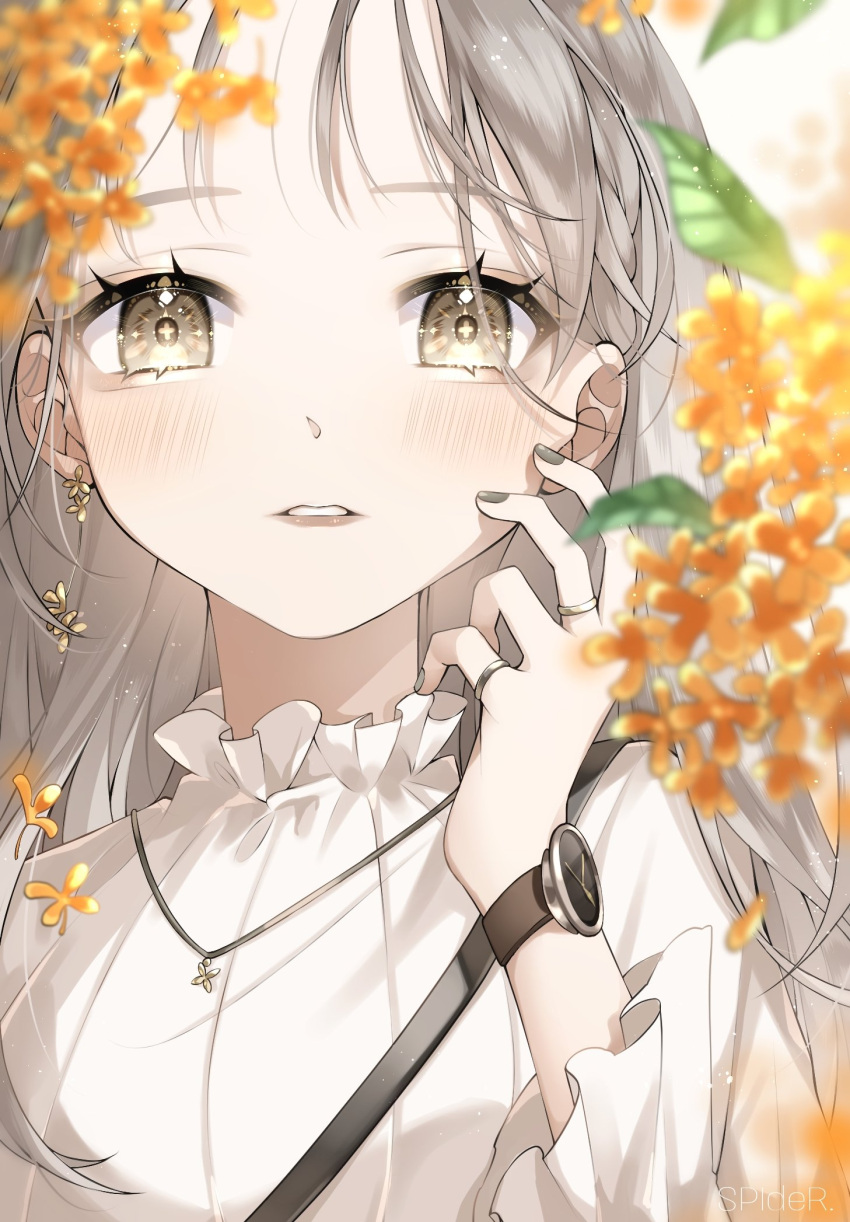 1girl blurry blurry_foreground blush close-up collar commentary_request frilled_collar frills grey_eyes hand_on_own_face highres jewelry necklace original ring silver_nails solo spide_r_(mxpm3455) teeth watch white_background wristwatch