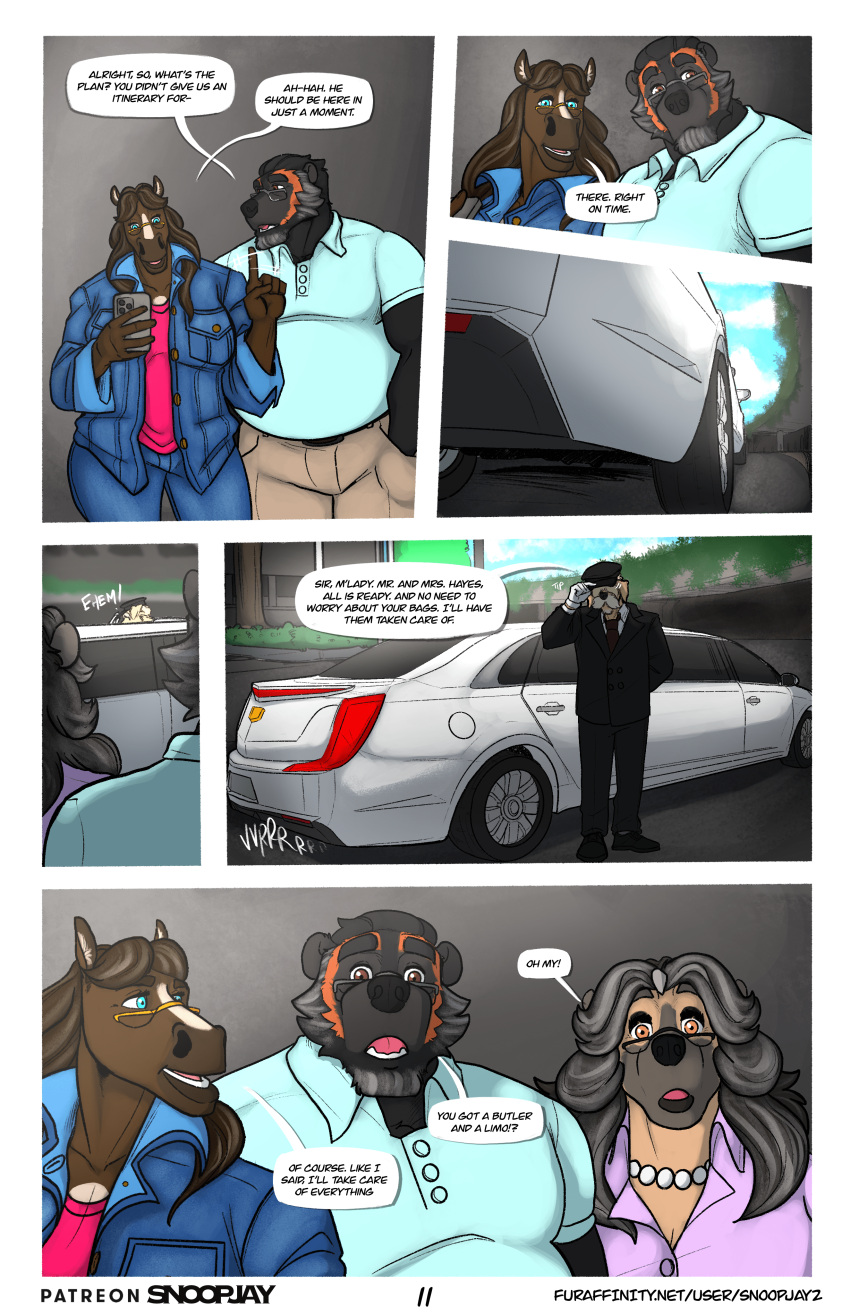 2022 5_fingers absurd_res anthro beard big_breasts black_body black_fur black_hair black_nose border bottomwear breasts brown_body brown_fur brown_hair butler canid canine canis car carla_raymond cellphone chubby_anthro chubby_female chubby_male cleavage clothed clothing comic dialogue domestic_dog dress_shirt english_text equid equine eyewear facial_hair female fingers fur gem glasses gloves grey_body grey_fur grey_hair group gulonine hair handwear harris_(snoopjay2) hat hat_over_eyes headgear headwear hi_res horse humanoid_hands husband_and_wife jacket jewelry limousine luxury_car male male/female mammal married_couple mature_anthro mature_female mature_male mustelid musteline necklace open_mouth open_smile page_number pants pearl_(gem) pearl_necklace phone polo_shirt public_transportation robert_hayes rosanne_hayes shirt smartphone smile snoopjay2 speech_bubble standing suit surprise teeth text tipping_hat tongue topwear url vehicle vehicle_for_hire white_border wolverine