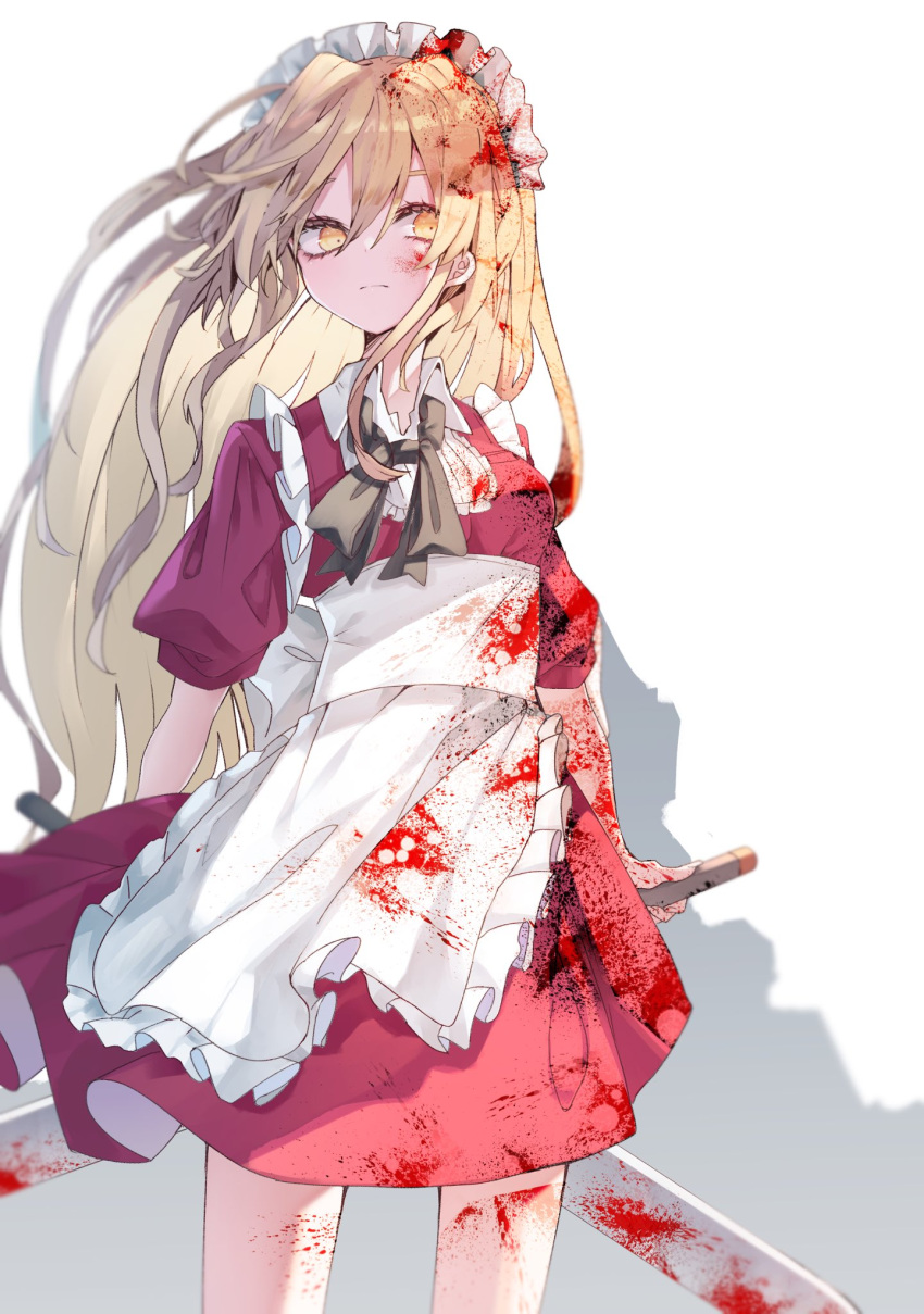 1girl apron bangs black_ribbon blonde_hair blood blood_in_hair blood_on_clothes blood_on_face blood_on_weapon closed_mouth commentary_request dress dual_wielding feet_out_of_frame frilled_apron frills highres holding holding_sword holding_weapon long_hair looking_at_viewer maid_apron maid_headdress muraryo neck_ribbon puffy_short_sleeves puffy_sleeves red_dress ribbon short_sleeves solo sword touhou touhou_(pc-98) weapon white_apron yellow_eyes yumeko_(touhou)