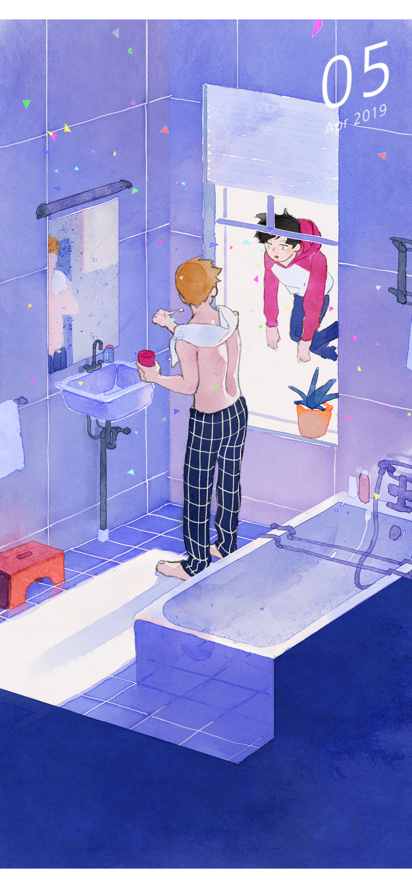 1a79f5as19e 2boys absurdres bangs barefoot bath_stool bathroom bathtub black_hair blue_pants brown_hair cup dated facing_away faucet floating highres holding holding_cup holding_toothbrush hood hood_down hoodie indoors kageyama_shigeo long_sleeves looking_at_another looking_away looking_inside looking_outside male_focus mirror mob_psycho_100 multiple_boys pajamas pants plaid plaid_pants plant potted_plant psychic raglan_sleeves reflection reigen_arataka short_hair shower_head sink standing stool surprised tile_floor tile_wall tiles toothbrush topless towel towel_around_neck triangle window window_shade