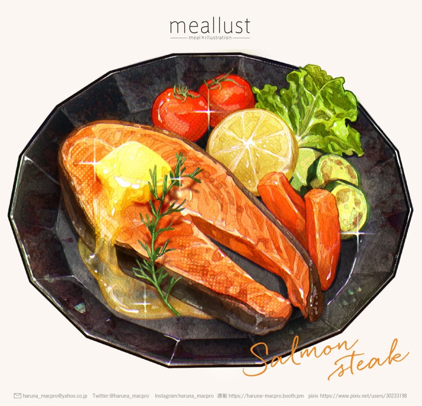 artist_name butter english_text fish food food_art food_focus fruit grilled_fish highres lemon lemon_slice lettuce meallust no_humans original plate salmon simple_background still_life tomato twitter_username web_address white_background