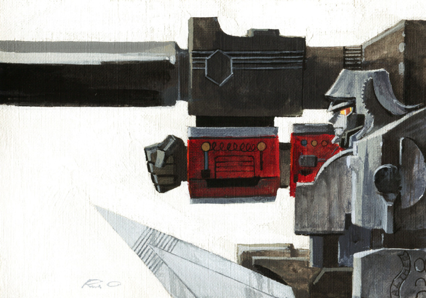 arm_cannon decepticon from_side frown marble-v mecha megatron orange_eyes painting_(medium) profile robot solo traditional_media transformers weapon white_background
