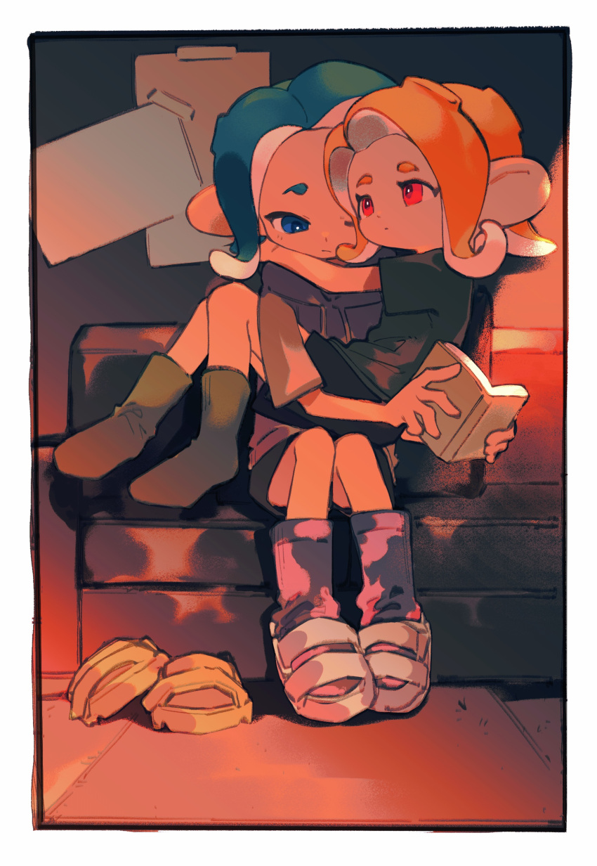 2girls absurdres black_shorts blue_eyes blue_hair book closed_mouth couch drawstring flip-flops green_socks highres holding holding_book hug inari1369 long_hair multiple_girls octarian octoling octoling_girl on_couch one_eye_closed orange_hair pink_socks red_eyes sandals short_sleeves shorts sitting sitting_on_lap sitting_on_person socks splatoon_(series) splatoon_3 suction_cups tentacle_hair white_footwear