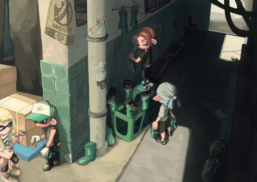 1girl 3boys alley aqua_hair black_footwear black_shorts blonde_hair boots boots_removed box city closed_mouth clothes_hanger ear_piercing gloves gloves_removed green_footwear green_gloves hat highres inkling inkling_boy inkling_girl kotarou_(kotakota_ee) long_hair multiple_boys octoling octoling_boy outdoors pants parted_lips piercing pointy_ears poster_(object) red_hair shirt shoes shorts sneakers splatoon_(series) splatoon_3 standing stool tentacle_hair ticket trash_bag white_footwear white_gloves