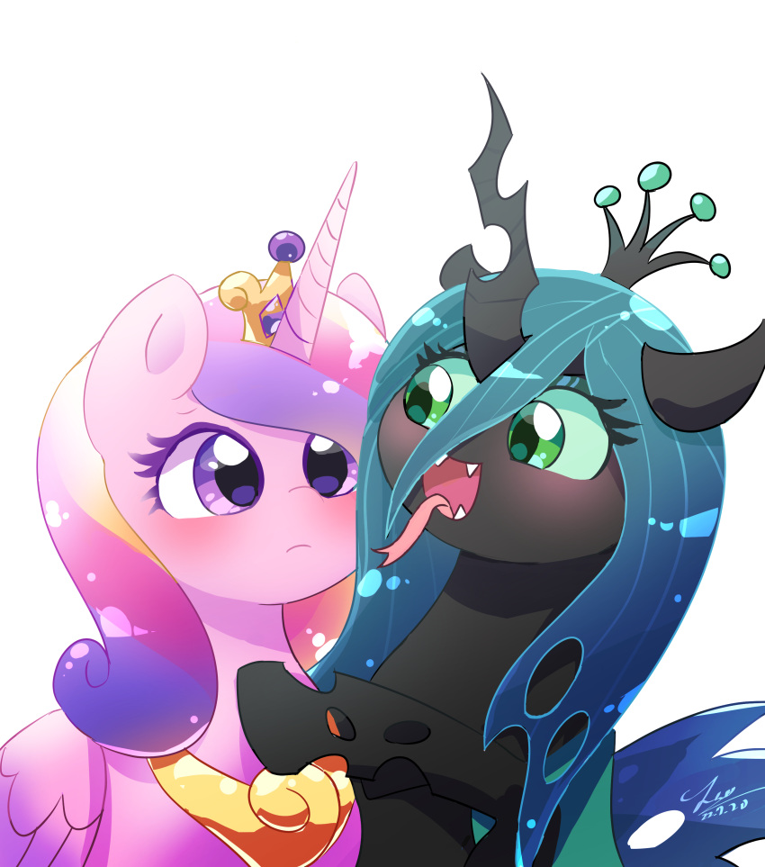 absurd_res arthropod black_body blush changeling crown cute_fangs digital_media_(artwork) duo equid equine eyelashes fangs female feral folded_wings forked_tongue friendship_is_magic green_eyes green_sclera hair hasbro hi_res horn leo19969525 mammal multicolored_hair my_little_pony open_mouth pink_body princess_cadance_(mlp) purple_eyes queen_chrysalis_(mlp) signature tongue tongue_out winged_unicorn wings