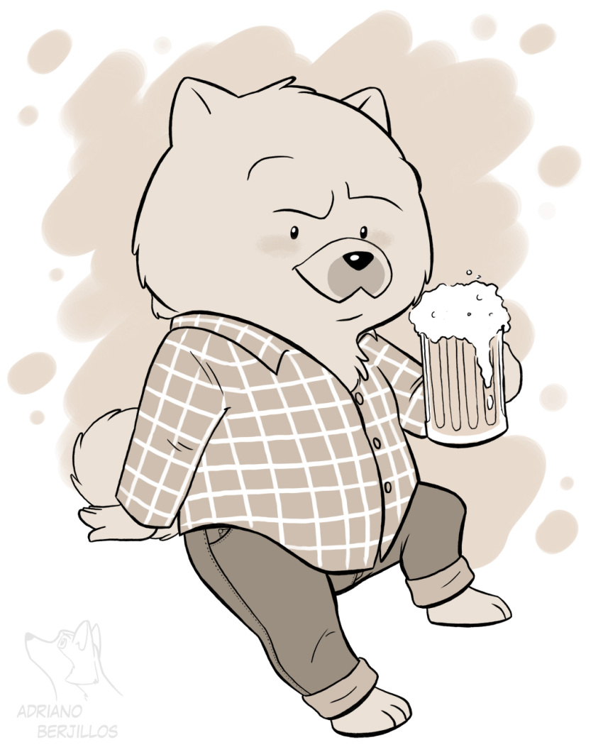 3_toes 4_fingers alcohol anthro beer beer_glass beverage bottomwear canid canine canis chow_chow clothing corgi_(artist) denim denim_clothing dogs_in_space domestic_dog dot_eyes feet fingers fluffy fluffy_tail hi_res jeans jerry_(dogs_in_space) male mammal pants shirt slightly_chubby solo spitz toes topwear