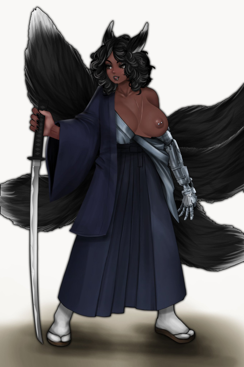 andrew_artzz animal_humanoid asian_clothing big_breasts black_body black_fur black_hair black_lips black_lipstick black_nail_polish black_nails blush breasts brown_eyes canid canid_humanoid canine canine_humanoid chest_scar clothed clothing colored_nails corruption_of_champions_2 dark_body dark_nipples dark_skin dipstick_ears dipstick_tail east_asian_clothing exposed_breasts facial_scar female footwear fox_humanoid fur hair hi_res humanoid japanese_clothing katana kimono lips lipstick makeup mammal mammal_humanoid markings melee_weapon multi_tail multicolored_body multicolored_ears multicolored_fur nails nipple_piercing nipples open_mouth piercing prosthetic prosthetic_arm prosthetic_limb ranelle_otomo sandals scar simple_background socks solo sword tabi_socks tail_markings two_tone_body two_tone_fur video_games weapon white_body white_fur