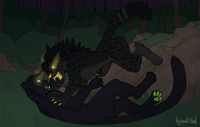 ambiguous_gender anthro archivist-kayl black_body black_fur claws duo felid feline fight forest forest_background fur glowing glowing_eyes goretober green_claws green_eyes green_mouth green_pawpads hi_res hybrid inktober inktober_2022 lynx mammal nature nature_background nude outside pantherine pawpads pinning_down plant shadow_fall spots spotted_body spotted_fur tackled tree yellow_claws yellow_eyes yellow_mouth