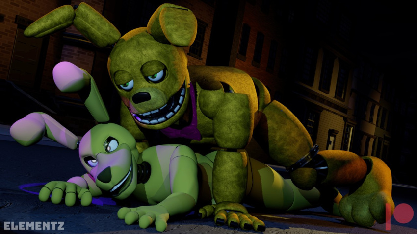 3d_(artwork) anal anal_penetration animatronic big_ears blender_(software) digital_media_(artwork) duo elementz808 five_nights_at_freddy's five_nights_at_freddy's_3 looking_pleasured machine male male/male night on_ground orgasm_face outside penetration pressed_against public robot scottgames spring_bonnie_(fnaf) springtrap_(fnaf) street video_games yellow_body