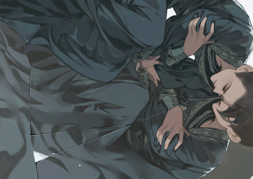 2boys black_hair broken_mirror burusiji character_request chinese_clothes closed_eyes closed_mouth comforting covered_eyes crack cracked_glass facing_down hands_on_own_arms hanfu highres li_chengze long_sleeves male_focus mirror multiple_boys qing_yunian robe self_hug sideways sitting size_difference updo