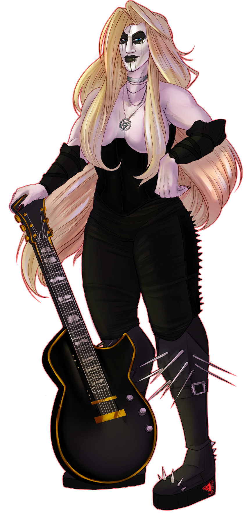 absurd_res armband black_metal blonde_hair blonde_hair_tips blue_eyes breasts clothing guitar gynomorph hair hi_res human intersex leg_warmers legwear long_hair long_nails mammal metal musical_instrument not_furry plucked_string_instrument red_logo sharketype solo spikes string_instrument