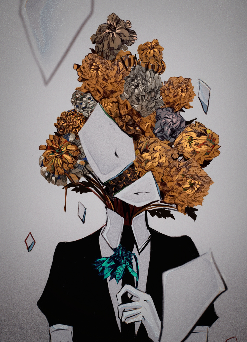 1other absurdres androgynous bouquet broken flower flower_request gem_uniform_(houseki_no_kuni) green_flower grey_flower highres holding holding_flower houseki_no_kuni musheng656 necktie other_focus overgrown parted_lips partially_colored phosphophyllite photo_(medium) puffy_short_sleeves puffy_sleeves shards short_sleeves simple_background solo symbolism upper_body wilted_flower withered yellow_flower