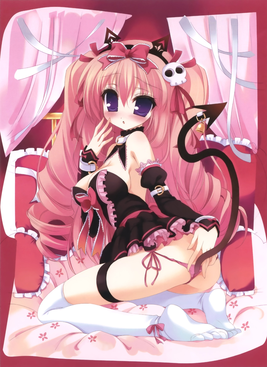 :o absurdres blush bow breasts cleavage detached_sleeves drill_hair feet frilled_pillow frills hair_bow hand_on_own_face headdress highres kneeling long_hair looking_at_viewer medium_breasts original panties pillow pink_hair pink_panties purple_eyes side-tie_panties socks soles solo tail thigh_strap thighhighs toe_scrunch toes twisted_torso underwear youta
