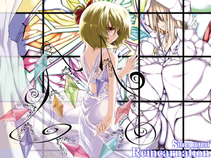 album_cover alternate_costume alternate_wings back bare_shoulders blonde_hair cover dress flandre_scarlet highres looking_back no_hat no_headwear red_eyes rondo_umigame see-through silver_forest solo touhou white_dress window wings