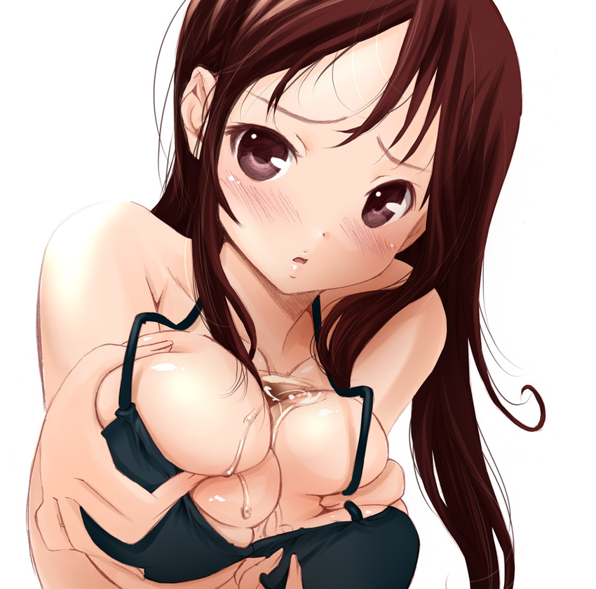 bikini_top blush breast_squeeze breasts brown_eyes brown_hair bust_cup close-up deep_skin graphite_(medium) large_breasts lips long_hair mixed_media original simple_background solo traditional_media upper_body wadapen white_background