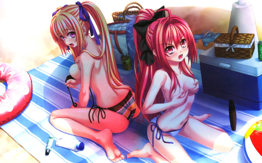 ass ball barefoot basket beach beachball bikini blonde_hair blue_bikini_bottom blue_towel blush bow breast_hold breasts cooler corticarte_apa_lagranges covering covering_breasts day feet hair_bow hair_ribbon highres innertube kannatsuki_noboru kneeling legs long_hair looking_back medium_breasts multiple_girls navel ponytail purple_eyes red_eyes red_hair ribbon shinkyoku_soukai_polyphonica side-tie_bikini side-tie_bottom striped striped_bikini striped_swimsuit swimsuit topless towel twintails untied untied_bikini very_long_hair wallpaper yugiri_perserte