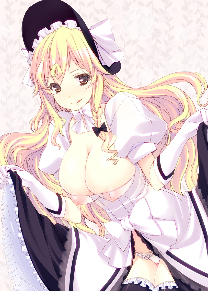 :q black_legwear blonde_hair bonnet braid breasts cleavage covered_nipples dress dress_lift gloves highres huge_breasts invincible_marisa kaneru kirisame_marisa long_hair new_super_marisa_land panties pubic_hair see-through solo thighhighs tongue tongue_out touhou underwear yellow_eyes