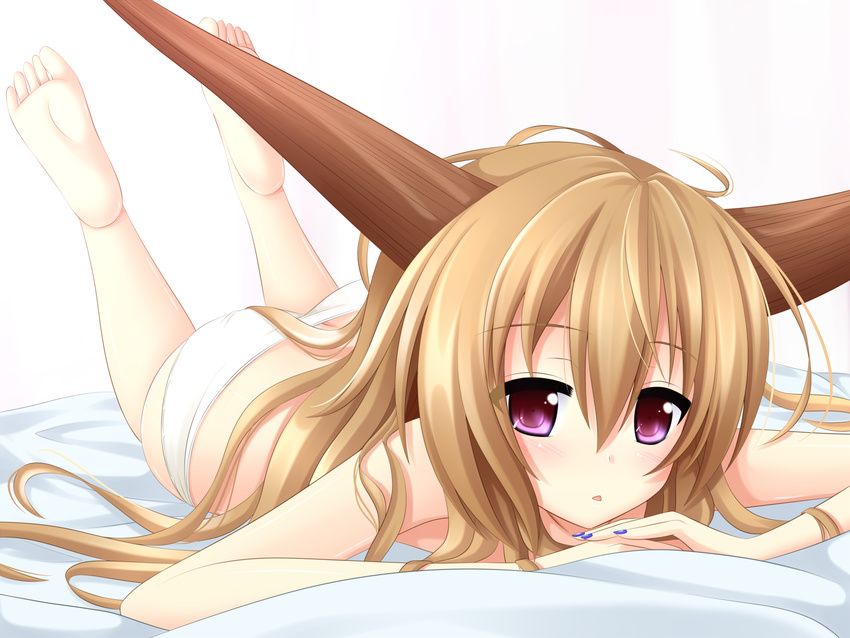 barefoot bed brown_hair highres horns ibuki_suika long_hair looking_at_viewer lying nail_polish on_stomach orange_hair panties purple_eyes soles solo topless touhou underwear underwear_only white_panties yoye_(pastel_white)